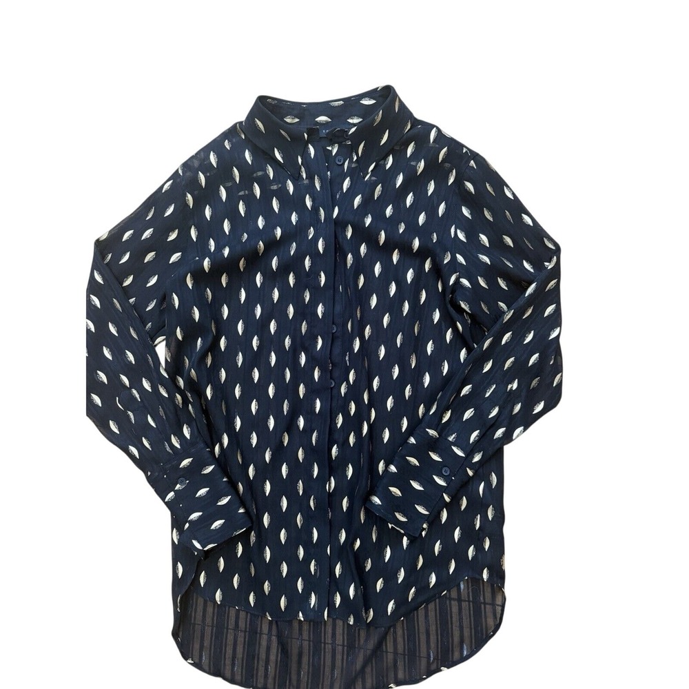 Topshop Metallic Foil Leaf Sheer Button Blouse Modern Women Size 6 Black Gold